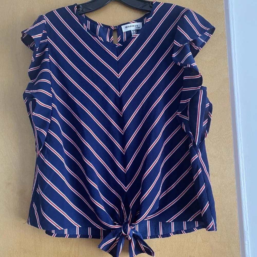 Monteau Los Angeles Women's Navy Striped Front Knot Sleeveless Size L